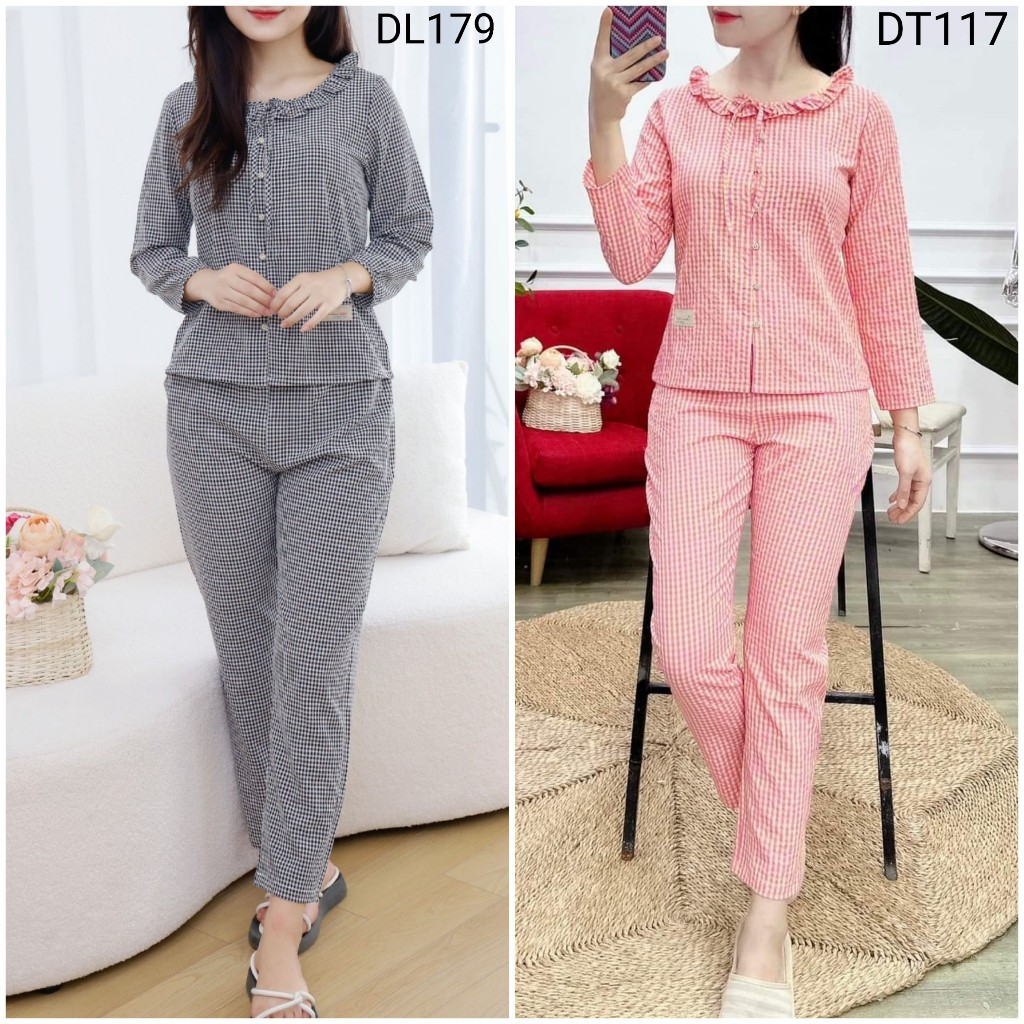 Bunnysky- Đồ bộ mặc nhà nữ, bộ thu đông mẫu mới kẻ ziczac đơn giản mà xinh