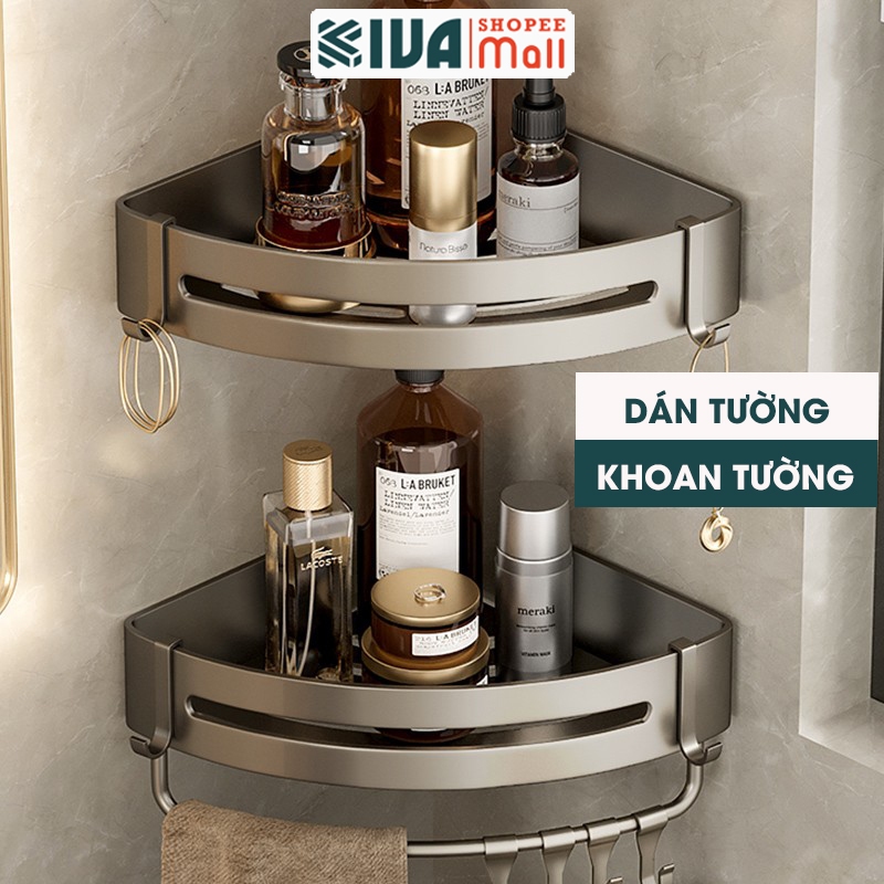 Kệ góc phòng tắm để đồ dán tường KIVA, chất liệu nhôm hàng không, lắp đặt dán tường và khoan tường.