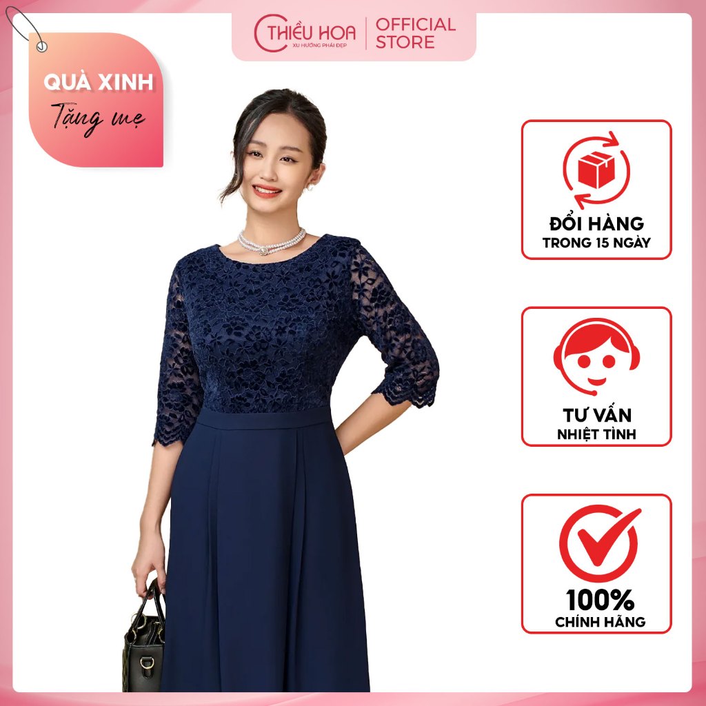 Đầm Thiết kế trung niên, chất liệu ren nhung phối chiffon cao cấp, kiểu dáng sang trọng thương hiệu Thiều Hoa DD3L0920