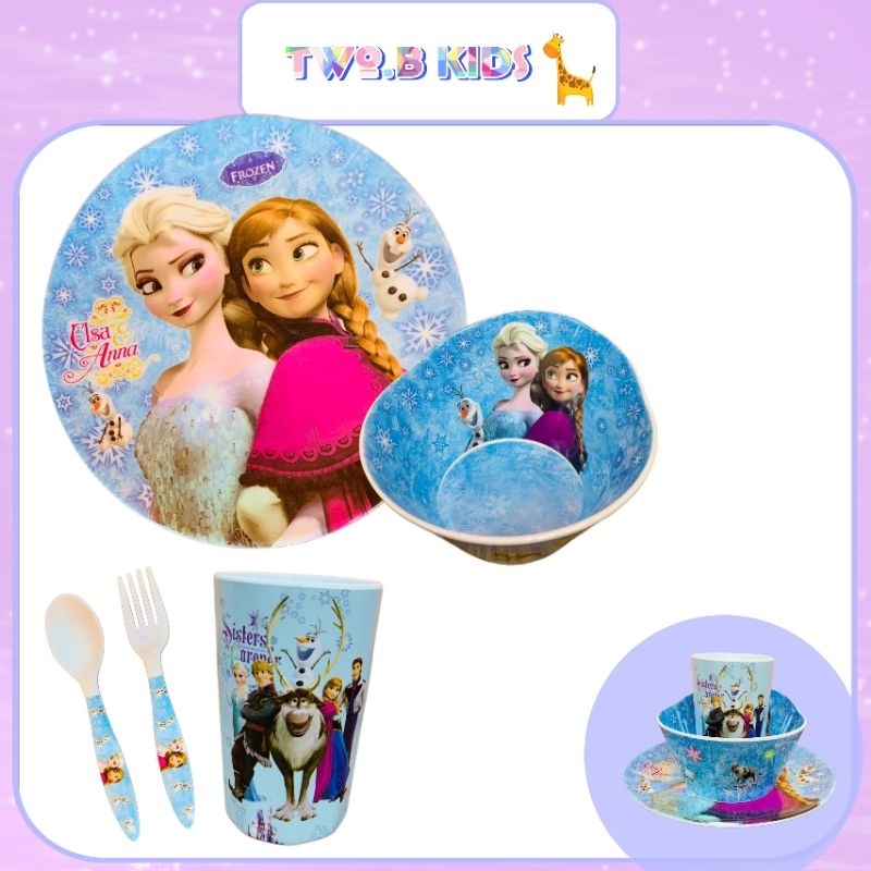 Bộ Bát Cốc Trẻ Em 5 Chi Tiết Melamine Hình Elsa Xanh BBKids Cho Bé Ăn Dặm