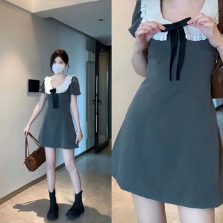 2Soonsumff Váy ngắn dáng xòe ngắn tay phối cổ sen nơ điệu đà mùa hè cho nữ