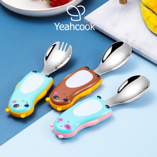 Bộ thìa dĩa cho bé tập ăn, Set thìa dĩa gấu dễ thương cho bé tập xúc YEAHCOOK