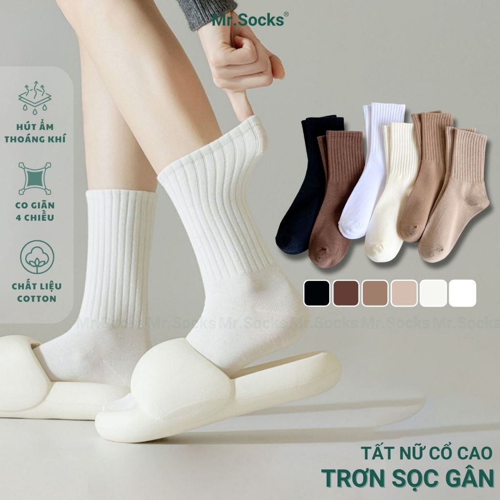 Tất nữ cao cổ trơn màu Mr.Socks cổ sọc gân, chất vải co giãn 4 chiều, dày dặn thoáng khí - OAS-1701-1DOI