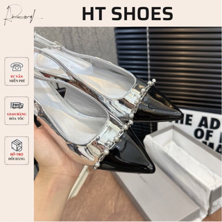 Giày cao gót sandal hở gót C mũi nhọn xích ngọc đế cao 3cm phong cách tiều thư Pháp thanh lịch cá tính fullbox #1570-10