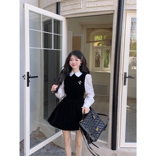 [HẾT HÀNG] Váy nhung cổ sen dáng xòe phối tay sơ mi kiểu dáng Vintage Hàn Quốc [kèm tag đá đính ngực ngẫu nhiên)
