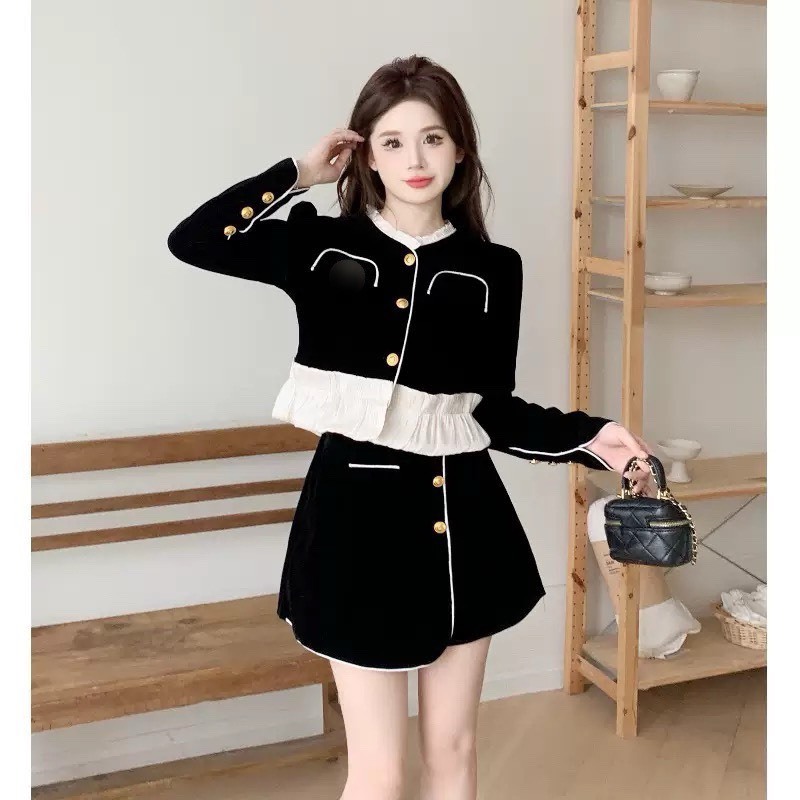 [231-HẾT HÀNG] Set váy nhung mí viền phôi tơ bèo kèm chân váy chữ A dáng ngắn phong cách Vintage Hàn Quốc