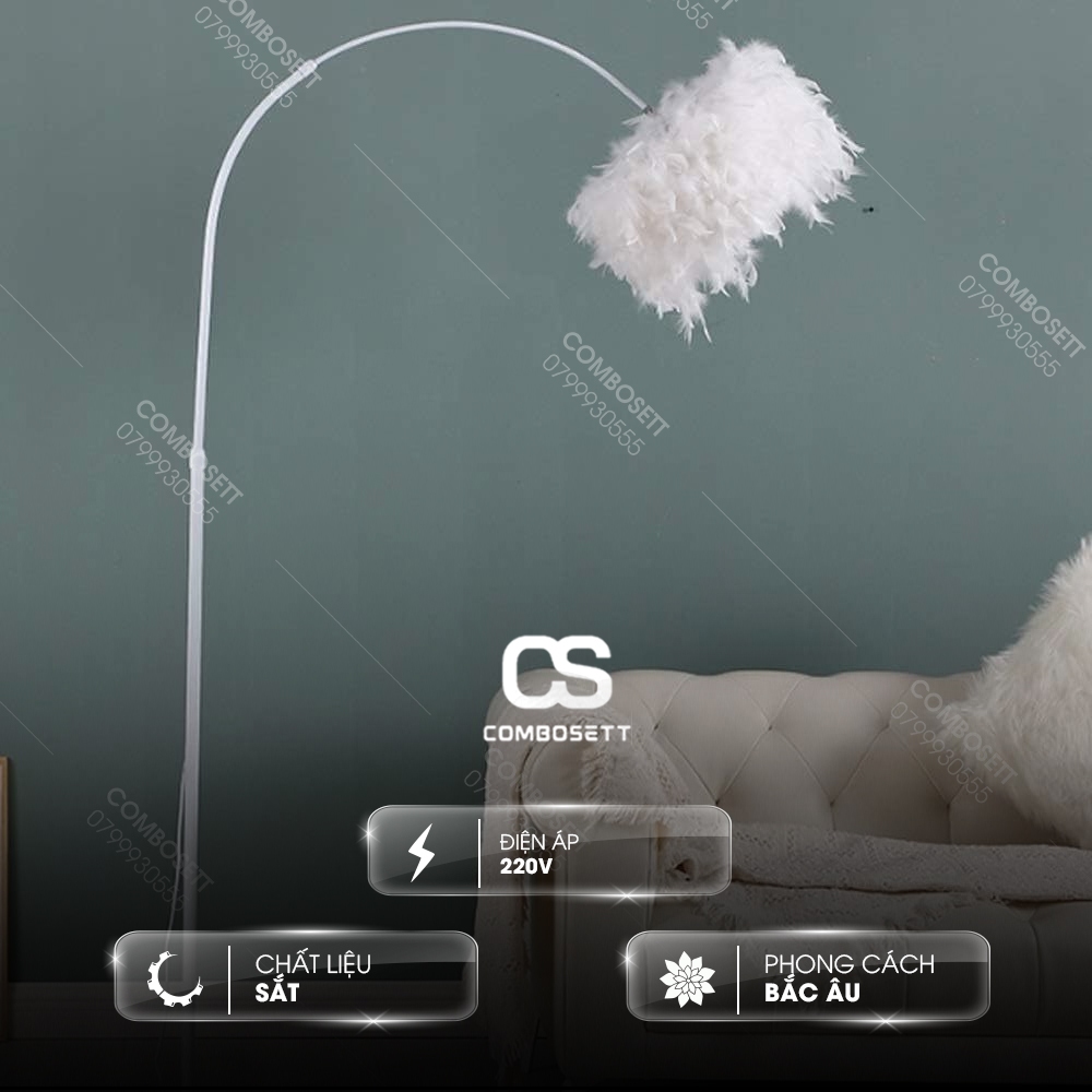 Đèn cây đứng decor chao lông vũ trắng, Đèn sàn cần sắt mạ vàng cong nghệ thuật 3 chế độ decor sofa đọc sách, phòng ngủ
