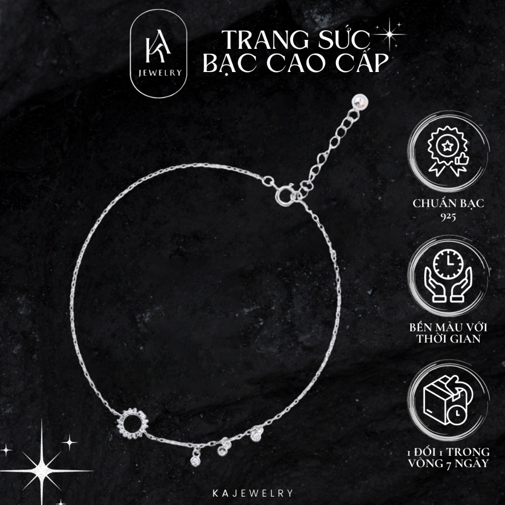 Lắc chân bạc nữ 925 đính đá khuyên tròn, Vòng chân bạc dành cho nữ thời thượng cá tính TienJewelry