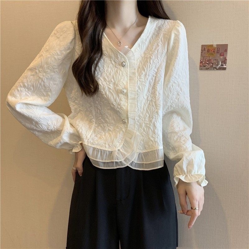 Áo sơ mi nữ dài tay vintage họa tiết hoa phối viền ren cúc ngọc 2024 mới new, Hai màu Trắng, Be