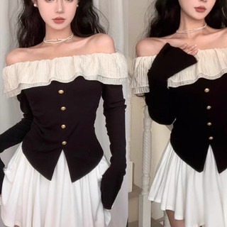 Áo thun kiểu trễ vai dài tay loe phối bèo chất gân tăm mịn RERE áo bẹt vai đính nút ngọc E65