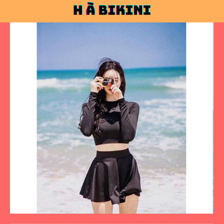 Đồ bơi bikini đi biển 2 mảnh tay dài croptop váy xòe đen HA BIKINI M40
