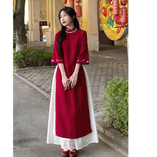 Áo dài đỏ nhung lì thêu hoa cổ tàu mix chân váy voan tơ trắng diện Tết Maia AodaiAD25 P12K2