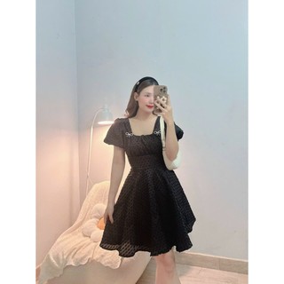 Đầm voan xốp cổ vuông tay bồng ngắn kèm nơ đá trang trí - hình shop chụp thật