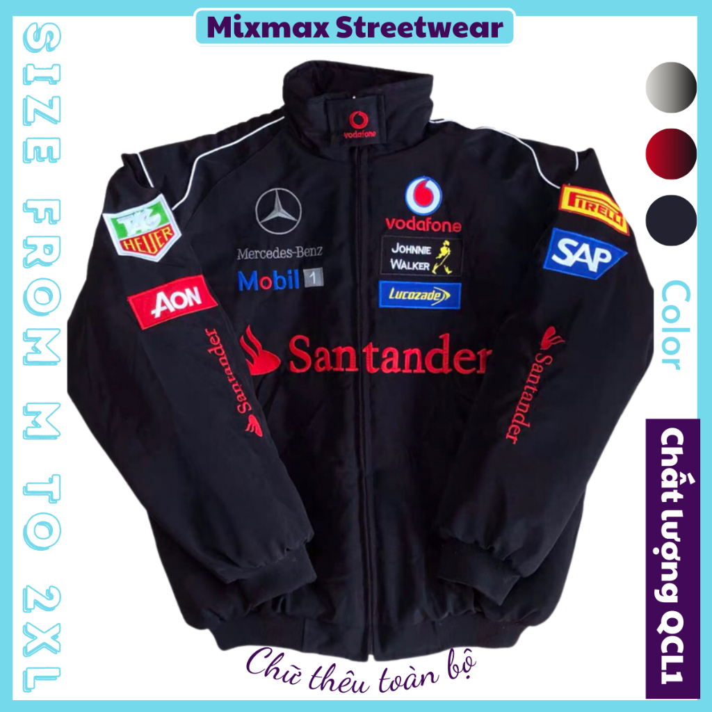Áo khoác gió Bomber Jacket F1 Santander đua xe thể thao thêu chữ trần bông đi phượt cản gió siêu ấm