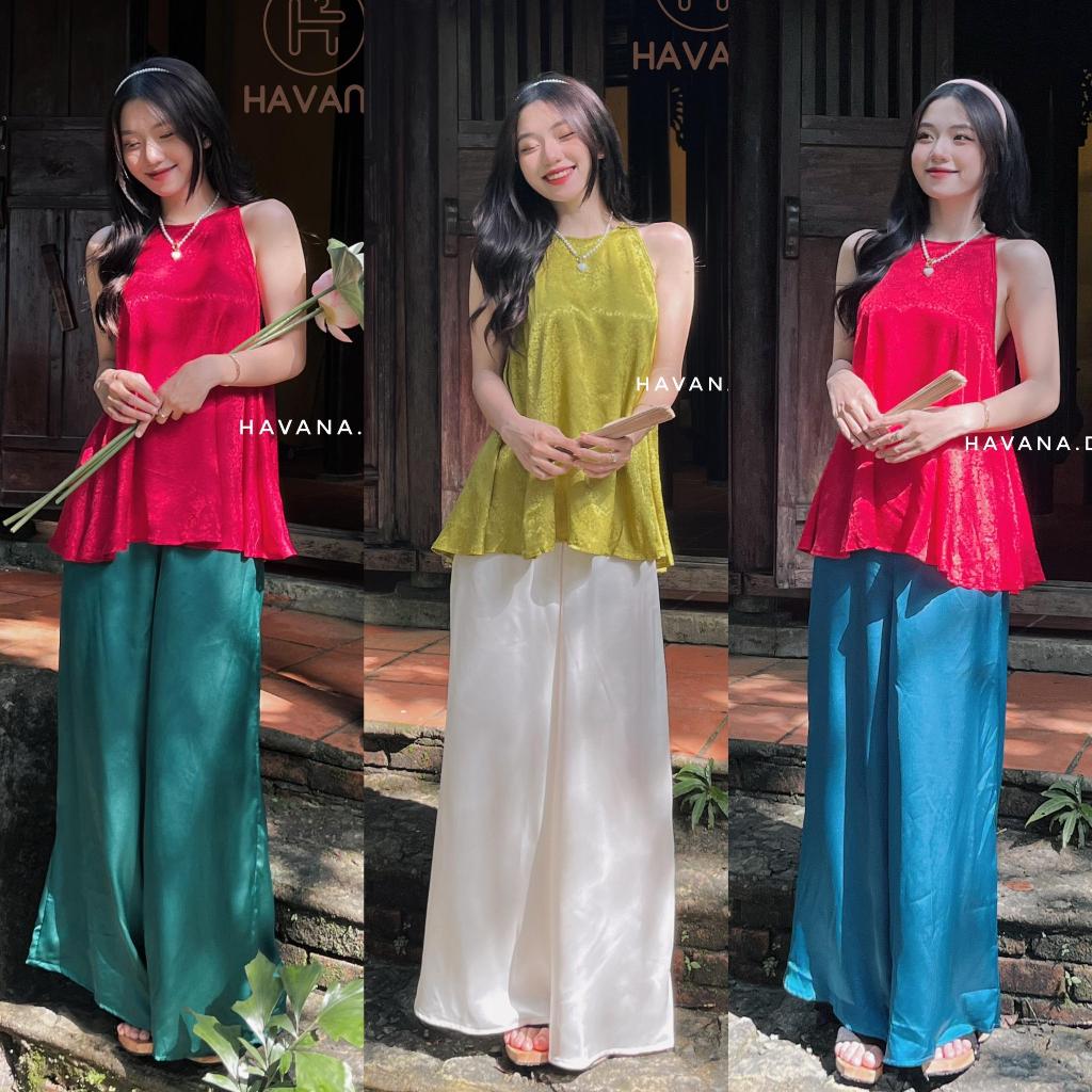 Set yếm lụa THANH LIỄU hoạ tiết chìm kèm quần phối màu HAVANA SAT40