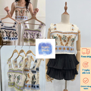 Áo croptop 2 dây dệt len thêu họa tiết dáng ngắn cá tính dễ thương cổ v thời trang nữ | tongkho_thaochi