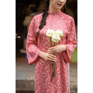 Set áo dài truyền thống nữ, Áo dài gấm hoa hồng thiết kế tay lỡ dáng suông form rộng vải gấm lụa cao cấp