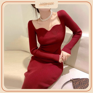 Váy Len Body Cổ vuông Mẫu Mới  Nữ Hàng Quảng Châu loại đẹp