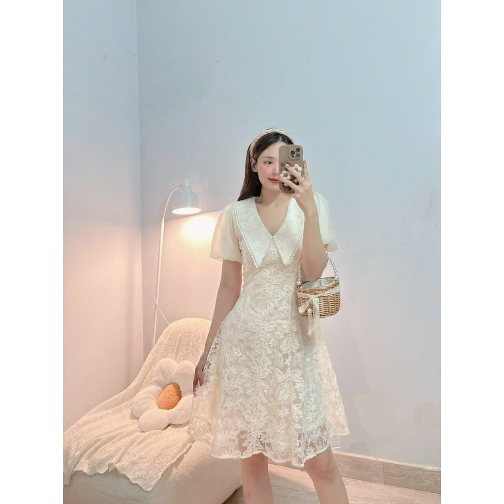 ĐẦM REN THIẾT KẾ PHỐI KIỂU TAY NGẮN - Hình Shop Chụp Thật