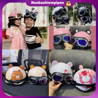Nón bảo hiểm trẻ em kính phi công 3-13 tuổi in hình gấu dâu đạt chuẩn kiểm định , mũ bảo hiểm trẻ em HTP chính hãng