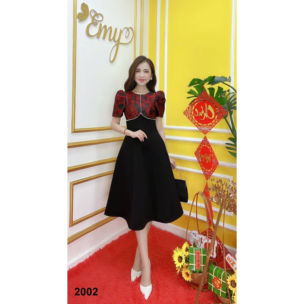Đầm EMY EM2002 Xoè Gấm Phối