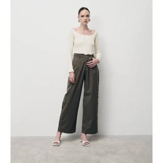 Quần tây nữ dập chỉ bên hông kèm dây thắt lưng - best seller là min - moss green raw-cut trousers