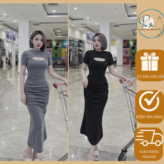 [Free-size: 40-60kg]Đầm Body Nữ Cổ Tròn Tay Ngắn Hở Ngực có nhún Eo Dáng Dài- Chất Bozip 4 chiều ôm dáng