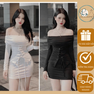 Đầm Body Nữ Bẹt Vai Tay Dài có Khuy dây đan, Chất Vải Bozip co giãn