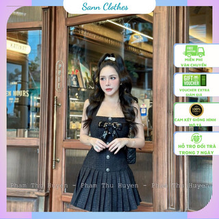Đầm dạ nữ cổ yếm chiết eo form váy xoè với điểm nhấn mặt nơ và hàng khuy tạo hiệu ứng lấp lánh 𝐂𝐇𝐀𝐑𝐌 𝐃𝐑𝐄𝐒𝐒 - 𝐀𝐒𝐇𝐘𝐋𝐄𝐘
