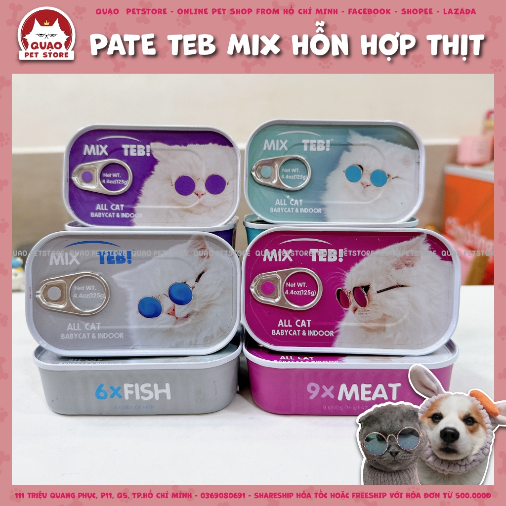 Pate hộp thiếc Teb Mix thịt, cá, chim cút 85g, thức ăn ướt cho mèo mọi lứa tuổi nuôi trong nhà