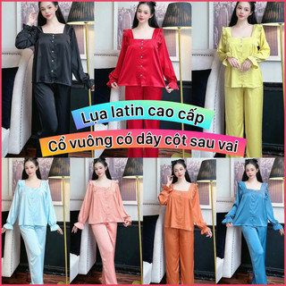 Đồ bộ pijama nữ tay dài cổ vuông siêu hot, chất liệu lụa cao cấp mềm mướt mịn chuẩn hàng shop, giá rẻ tận xưởng