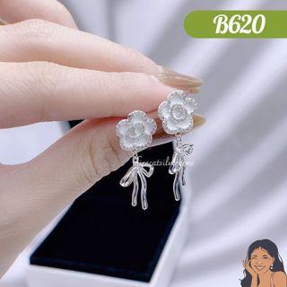 B620 bông tai nụ tòn ten hoa 5 cánh enamel bạc thật thiên cát s950