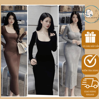 Đầm body nữ tay dài cổ vuông dáng dài tôn dáng chất gân tăm co giãn