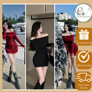[Free-size: 40-58kg]Đầm Body Nữ Trễ Vai Tay Dài Dáng ngắn, chất gân tăm 4 chiều ôm dáng năng động