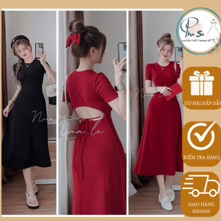 Đầm Body Nữ Dáng Xoè Tay Ngắn có hở cột lưng quyến rũ, nữ tính chất thun dẻo mềm mịn