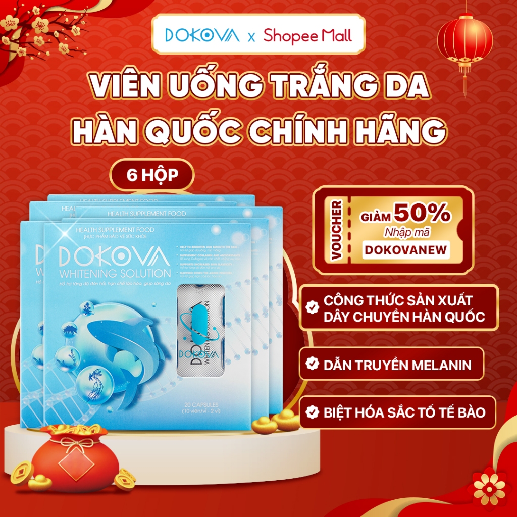 COMBO 6 Hộp Viên Uống Trắng Da Mờ Nám DOKOVA WHITENING SOLUTION Công Nghệ Hàn Quốc Tái Tạo Làn Da Khỏe Đẹp - 120 viên