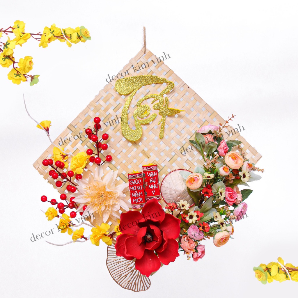 Mẹt Hoa Tết MET09 Mẹt Tết 40cm Kèm Đèn, Mẹt Hoa Trang Trí Tết Xuân