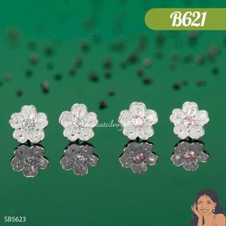 B621 bông tai nụ hoa 5 cánh enamel bạc thật thiên cát s950