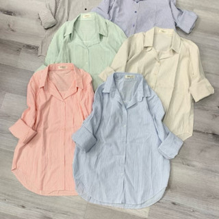  Áo Sơ Mi Kẻ Sọc Nhí Pastel Dài Tay Trơn Cho Nữ Xinh Xắn Sơ Mi Công Sở Sọc Kẻ Cotton Đũi Mềm Dày Dặn Freesize 