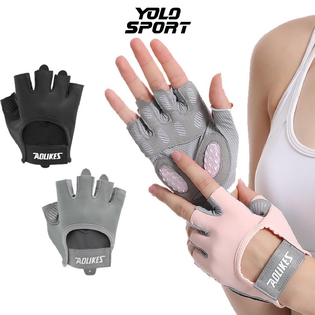 Găng Tay Thể Thao Thiết Kế Hở Ngón Đệm Silicone Thoáng Khí Hỗ Trợ Nâng Tạ Tập Gym Đạp Xe Thể Thao Cho Nữ Aolikes Cao Cấp