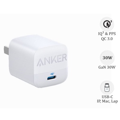 Cóc Sạc Nhanh Công Suất Cổng Type C 30W - USB + Type C 33W PD, IQ 3.0 Hàng Chính Hãng Anker A313