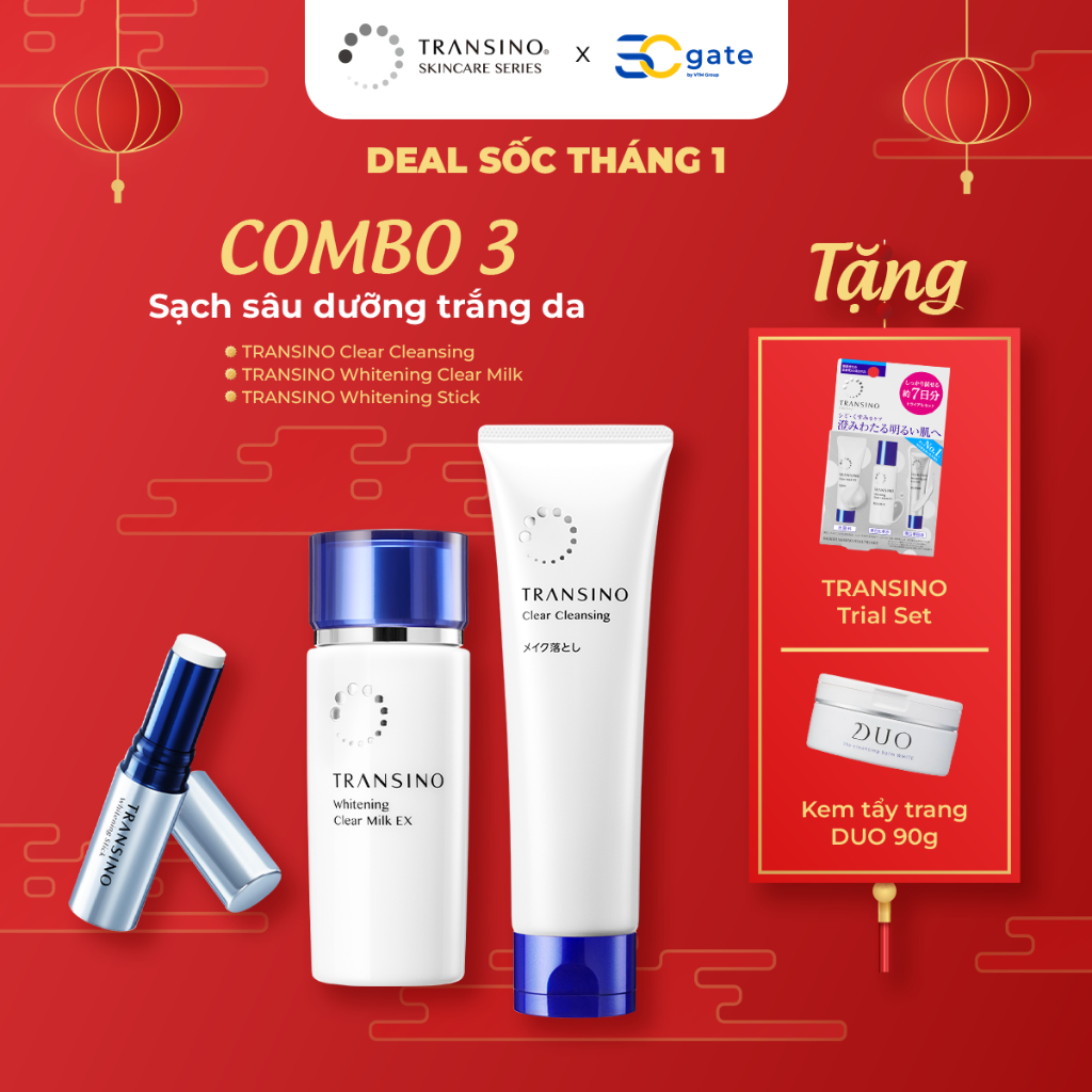 Combo 3 Sạch Sâu Dưỡng Trắng Da TRANSINO Clear Cleaning - Whitening Clear Milk - Whitening Stick