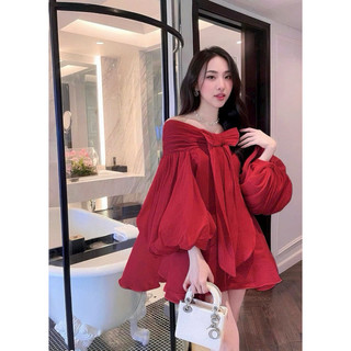 Váy trễ vai tay phồng phối nơ bồng bềnh