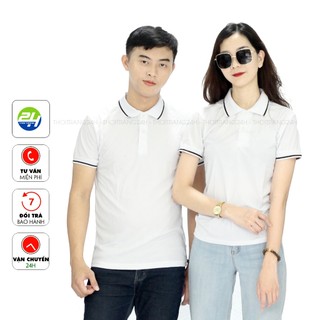 Áo Thun Polo Cổ Bẻ THOITRANG24H Màu Trắng Bo Viền Đen Vải Cá Sấu Mè Nhẹ Mát Phom Xuông Nam Nữ