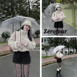 Áo khoác lông khoác kéo tay dài dáng ngắn, áo khoác croptop form rộng trơn nhẹ nhàng dễ phối đồ ZEROFOUR