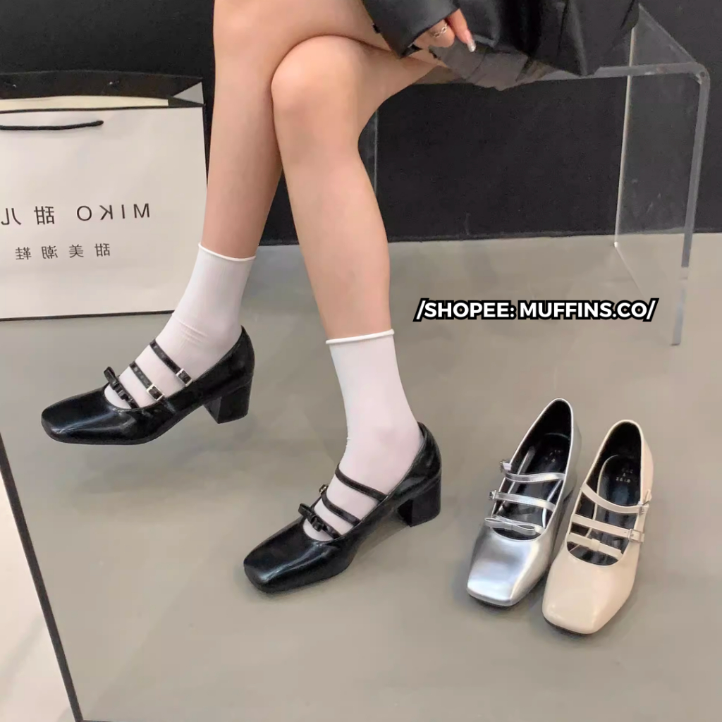(Sẵn hàng) 𝐌𝐮𝐟𝐟𝐢𝐧𝐬.𝐜𝐨🐧 Giày búp bê mary jane mũi vuông 3 quai ngang đính nơ TN