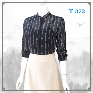 Áo somi cổ trụ, tay dài, voan đen sọc thoi _ T 373