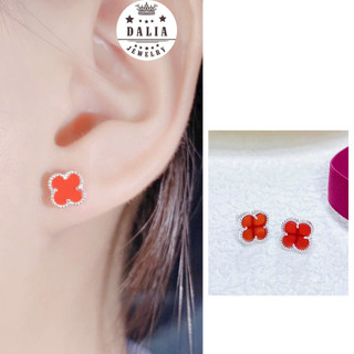 Bông tai bạc nữ cỏ 4 lá đá màu đỏ DaLiA Jewelry khuyên tai màu đỏ cỏ bốn lá hoa tai cỏ bốn lá đỏ may mắn