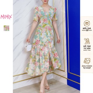 Đầm maxi hoa cổ tim đuôi cá xẻ tà sang trọng mimix dc5200