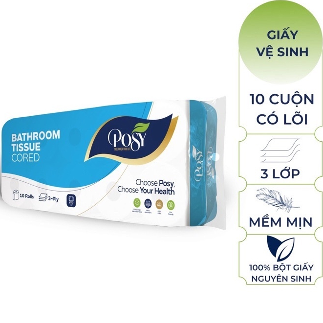 Giấy vệ sinh cao cấp POSY 10 cuộn 3 lớp (có lõi) mềm mịn, an toàn cho da, siêu dai